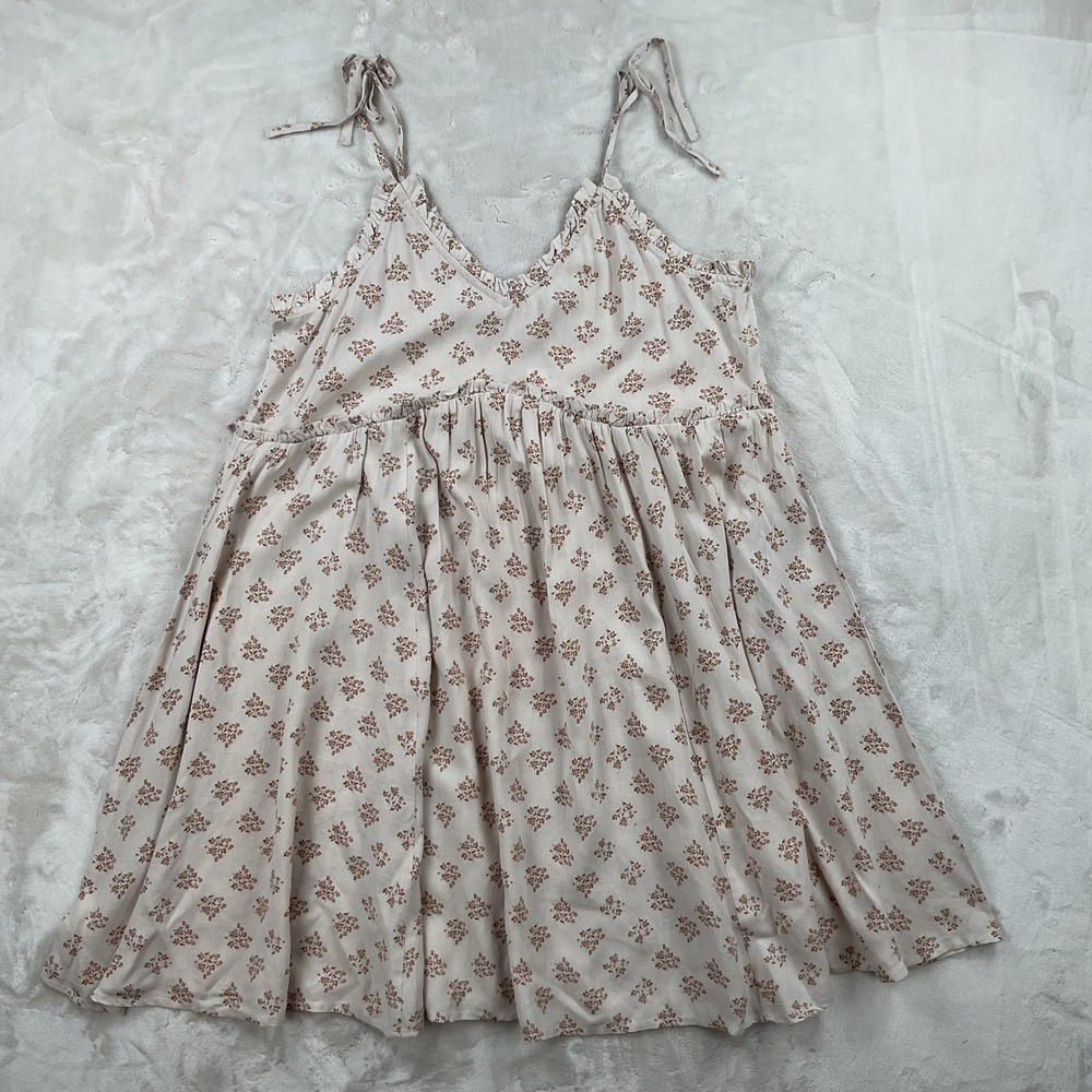 Patrons of Peace Floral Babydoll Mini Dress V-Neck Ruffle Tie Strap Twig Large